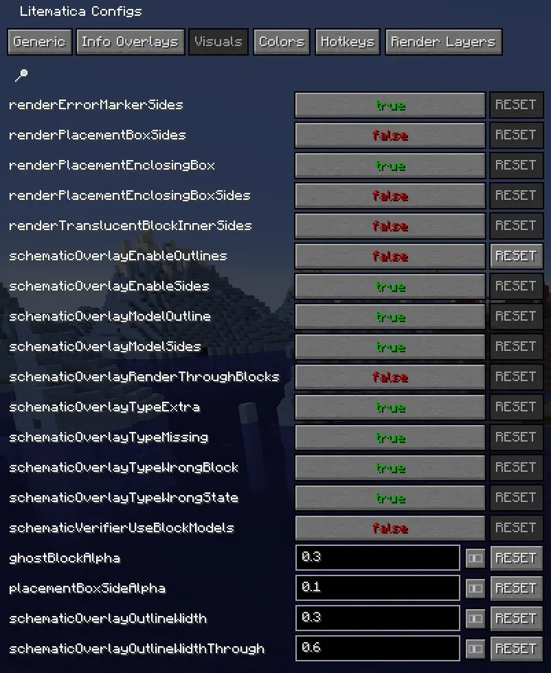 Интерфейс конфигов Litematica, вкладка «Visuals»